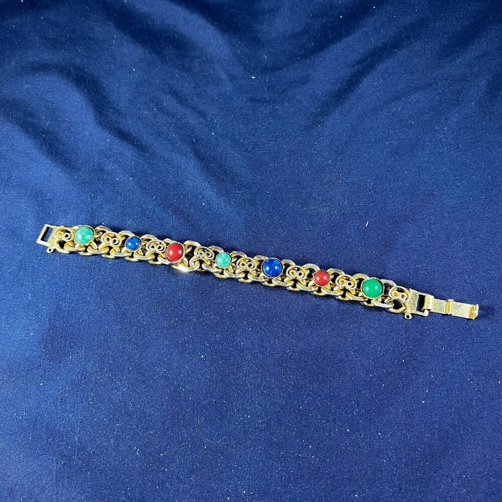 Vintage Gold-Toned Chain Link Bracelet With Multi-Color Gemstone Accents & Ornat